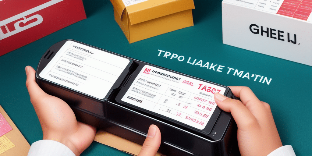 A person wearing a white shirt is holding a rectangular device with screens displaying text resembling ticket information, likely tracking numbers. Nearby are various boxes labeled GHEEJ on a green table, possibly ready for shipment via UPS WorldShip.
