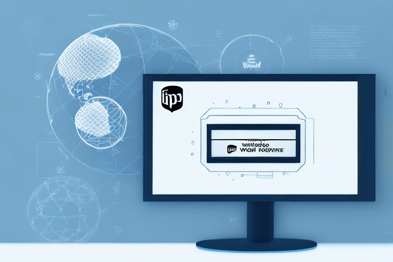 A computer monitor displaying a digital design with the lipp logo and text. The background features a network of interconnected geometric patterns and circles on a blue backdrop, reminiscent of UPS WorldShips streamlined technology, suggesting a futuristic theme with efficient alerts.