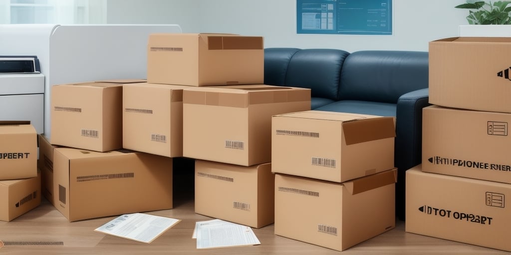 A room filled with stacked cardboard boxes of various sizes on a wooden floor. Some boxes are open, with a step-by-step guide and scattered documents nearby. A blue sofa and a wall with a poster are visible in the background, suggesting the setup for an efficient workspace.