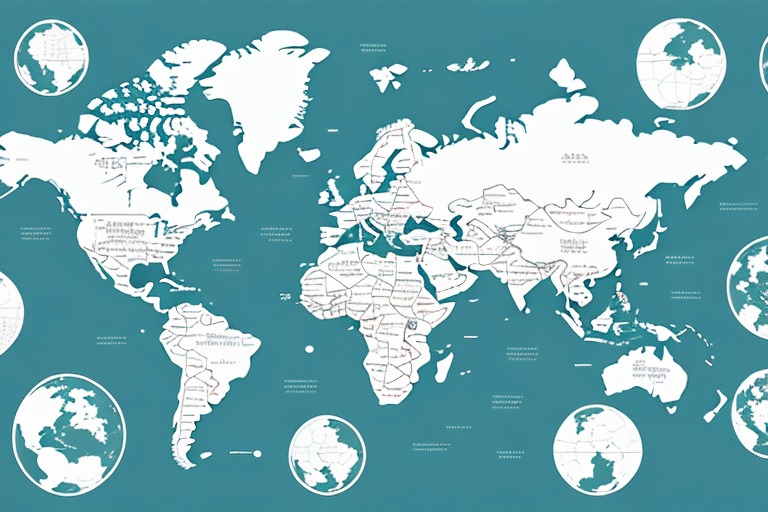 A world map on a teal background reveals continents and countries as white silhouettes, adorned with major latitude and longitude lines. Oval insets display polar views of the globe, symbolizing UPSs global reach through features like UPS Shipping Settings for efficient deliveries anywhere.