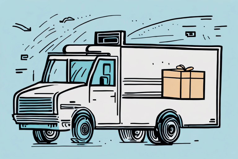 Illustration of a white delivery truck with a large package on its side, hinting at the UPS service. The background features a light blue sky with simple lines indicating movement, suggesting the truck is in motion. Understanding non-machinable surcharge may be necessary for efficient delivery.