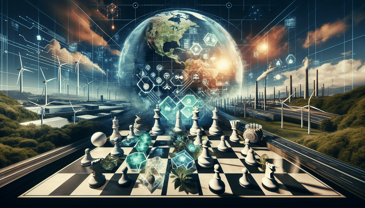 In a futuristic scene with a chessboard featuring digital pieces in the foreground, Mondi and International Paper logos subtly adorn the board. A globe and technological symbols hover above, while wind turbines and power plants blend nature with technology, symbolizing a strategic energy future.
