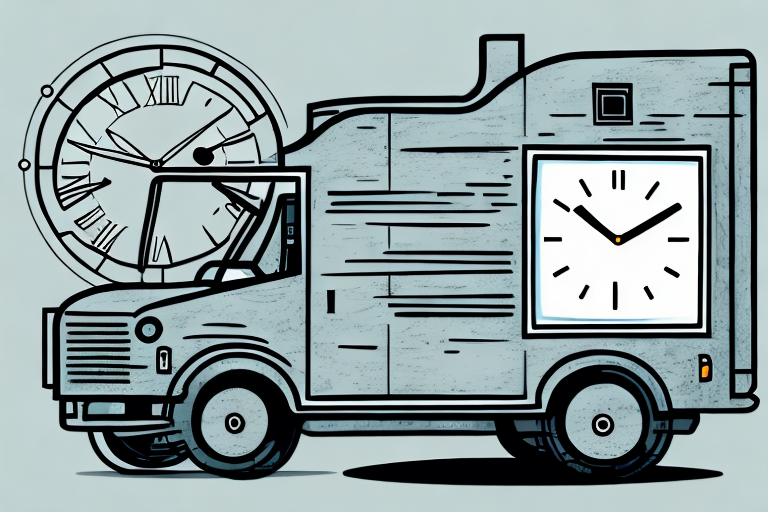 Illustration of a vintage UPS truck with a large clock face on its side against a backdrop featuring another clock with Roman numerals. The truck and clocks in shades of gray and blue capture the whimsical, time-travel theme reminiscent of avoiding late deliveries.