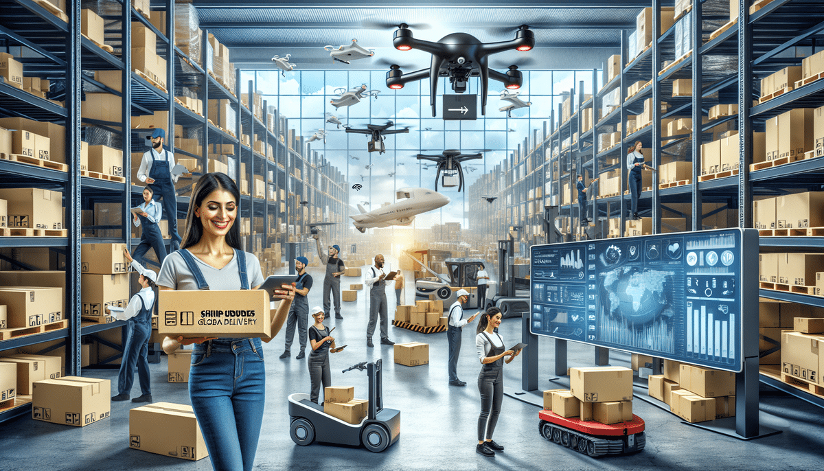 In a futuristic fulfillment warehouse, drones zip by as workers manage packages under the ShipDudes brand. A large screen showcases analytics while boxes line high shelves. Amidst the bustling 3PL logistics, a woman uses a tablet to oversee smooth operations as a forklift navigates the aisles.