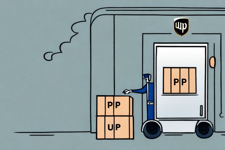 Illustration of a delivery person placing boxes labeled PP and UP, highlighting the benefits of secure shipments. A shield logo above signifies protection. The uniformed worker is set against a blue backdrop, emphasizing the premium service theme akin to UPS High Value Form efficiency.