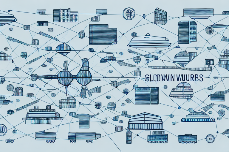 A digital illustration depicts a networked urban environment with futuristic buildings connected by network lines. Airplanes and shipping icons are integrated into the layout, symbolizing interconnectedness. The text reads GLOOWW WUURBS. UPS Worldwide Economy is subtly referenced in the scene.