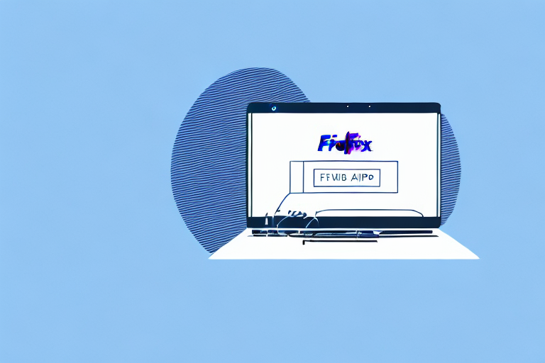 Illustration of a laptop displaying a login screen with distorted text and numbers that are difficult to read, against a blue background with abstract circular designs; reminiscent of navigating through a Shopify App interface or using the FedEx Ground Shipping Rates Calculator.