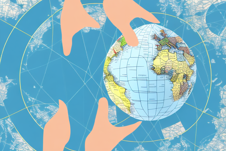 An illustration depicts a globe shaped like an egg, featuring continents like South America and Africa. Three hands reach toward the globe, symbolizing easy global connection against a blue background with geometric lines and map outlines, reminiscent of FedEx International Connects seamless shipment tracking.