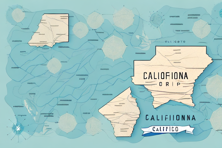 A stylized map of an imaginary place named Caliifiona showcases the land masses Califico and Caliifionna. Evoking a sense of adventure akin to navigating California shipping rates, it features lines like currents or roads and a decorative compass rose in the corner.