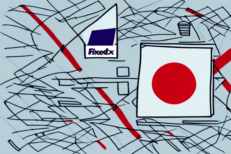 This abstract artwork features red lines, a large red circle reminiscent of the Japanese flag, and a purple and white shape with Flexdex text on a light gray background—its dynamic composition resembling the precision of FedEx Ship Manager.