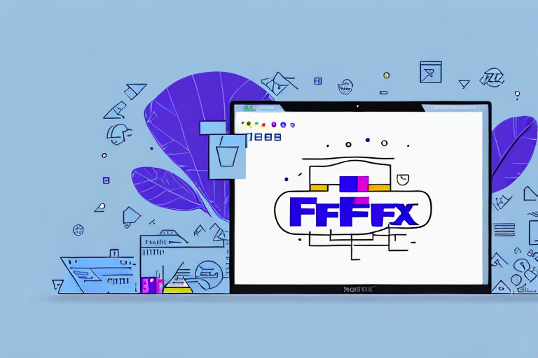 A laptop, possibly a Mac, showcases a colorful abstract art piece with bold letters F F F Fx on the screen. The light blue background features scattered geometrical shapes and abstract leaves in shades of purple, reminiscent of the vibrant display seen when navigating a FedEx Ship Manager Software guide.