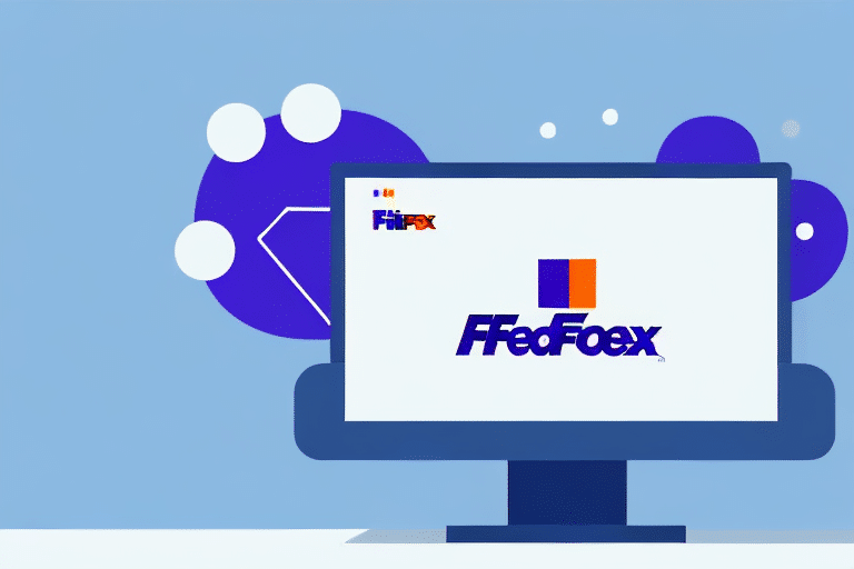 A computer monitor displays the word Firefox, distorted to resemble FFeFoex, on its screen. The background of abstract purple shapes set against a light blue color scheme subtly echoes elements of the FedEx Ship Manager Server interface.