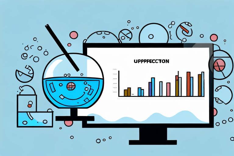 A colorful illustration of a bar chart on a computer monitor, showing various data columns, optimizes the display for clarity. Surrounding the screen are scientific elements like a microscope, test tubes, and a beaker with blue liquid. The background is light blue.