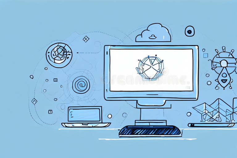Illustration of a desktop and laptop on a blue background with cloud icons, geometric shapes, and a digital network on the monitor. The design conveys a concept of global connectivity and technology, featuring tools like UPS WorldShip on an administrative workstation.