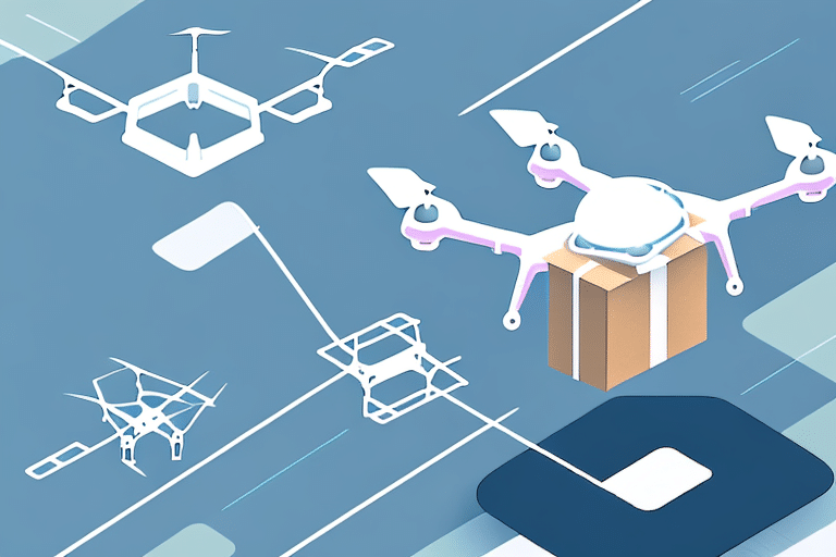 Illustration of drones flying over a cityscape with one carrying a package, embodying WorldShip 2023 technology. The futuristic drones are set against a blue background, capturing the innovation of Download UPS WorldShips vision for the future.