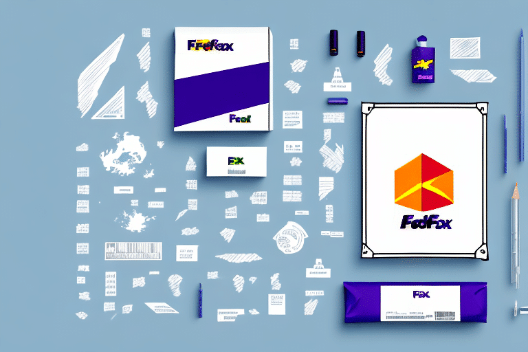 A collection of Feofex branded packaging and stationery is artfully arranged on a blue background. Items, including a box, brochure, envelope, and writing tools, showcase a colorful geometric logo with bold typography—ideal for users of FedEx Ship Manager to efficiently print hazmat forms.