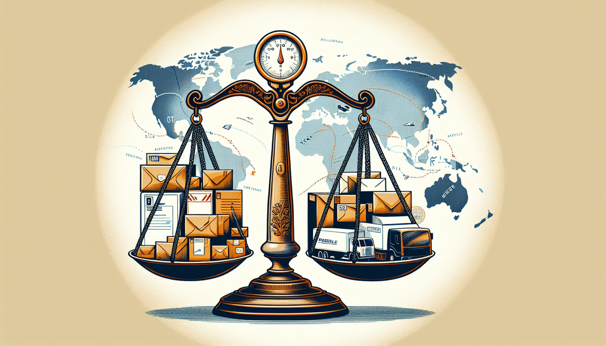 An ornate scale balances mail and packages on one side with a United Parcel Service delivery truck and envelopes on the other, set against a world map backdrop symbolizing global communication and logistics.