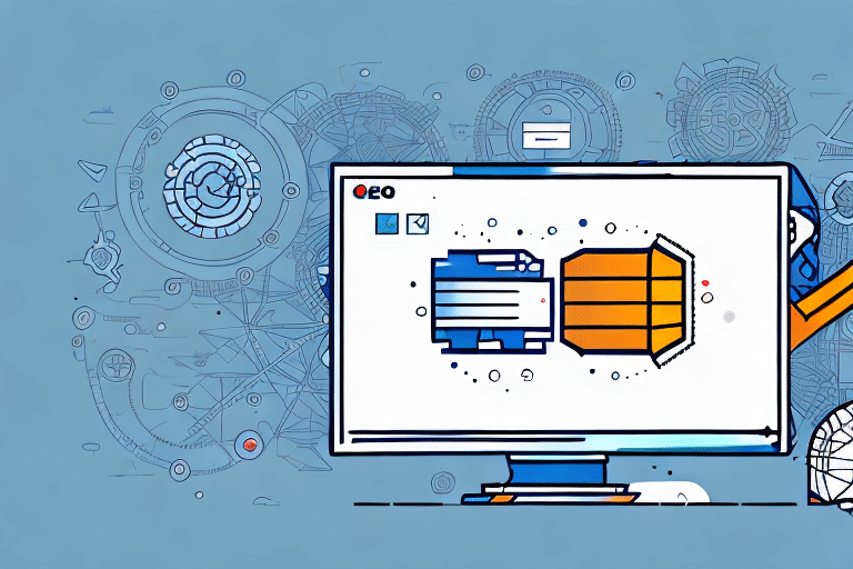 Illustration of a computer screen displaying digital images of gears and arrows, symbolizing software development and optimization. The background features abstract technical drawings with an arm extending from the monitor, reminiscent of an integration guide for seamless systems like UPS Worldship or Epicor.