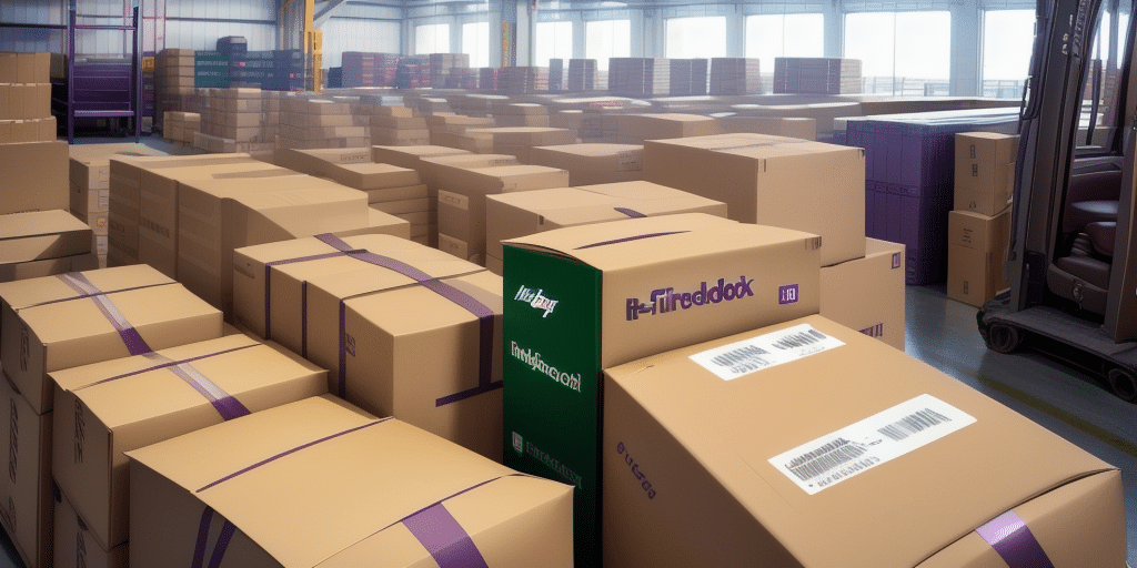 A large warehouse filled with neatly stacked cardboard boxes, some marked with purple tape and labels, ensures streamlined shipping. The room is spacious, with high ceilings and bright natural light streaming through large windows. A forklift rests in one corner, ready for action.
