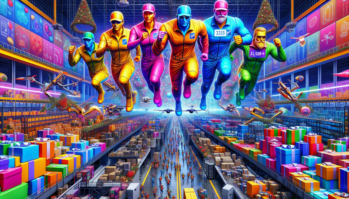 A vibrant digital illustration of six colorful figures racing above a large Amazon warehouse. The scene is filled with stacks of colorful packages, drones flying, and bustling activity below, creating a futuristic and lively holiday hiring atmosphere.