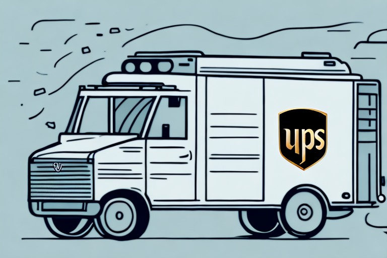 An illustrated delivery truck with a UPS logo on its side is driving along a road, showcasing the efficiency of Ground Commercial service. Leaves blow in the background, enhancing the comic-style design.