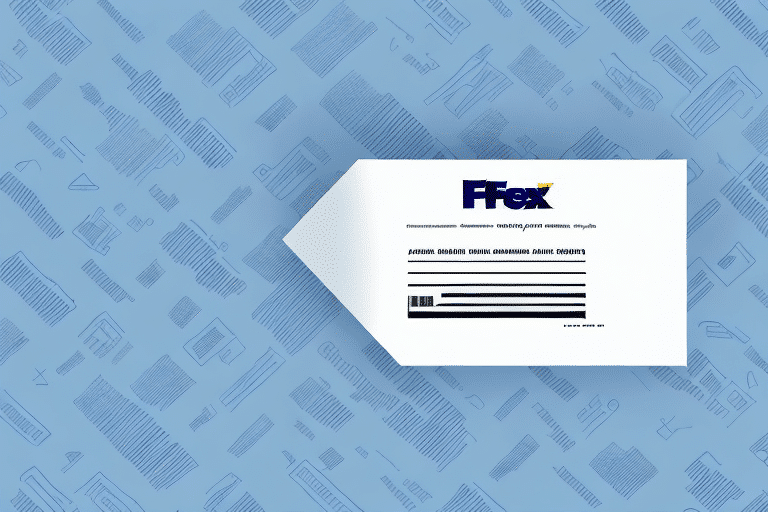 A white, arrow-shaped package design resembling a FedEx box is set against a textured blue background with abstract line patterns. The package features a fake label with illegible text, evoking the setup process of entering a return address in FedEx Ship Manager.