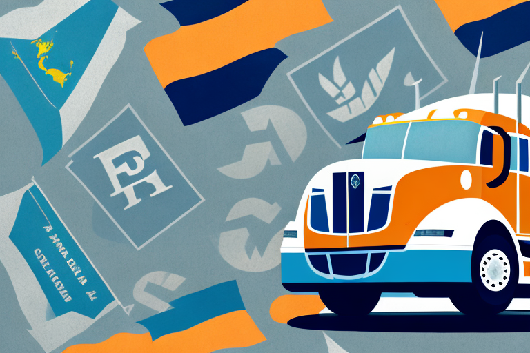 Illustration of a modern semi-truck in white, orange, and blue, set against a backdrop of various stylized flags and symbols. The background features abstract designs and letters in shades of blue, orange, and gray, capturing the essence of international import and paperless invoice efficiency.