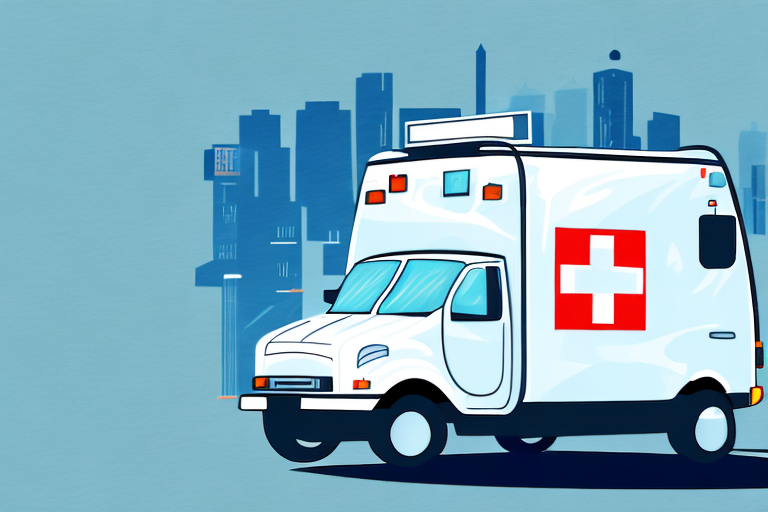 Illustration of a white ambulance with a red cross on its side, navigating through the city skylines towering buildings. The light blue sky serves as the perfect backdrop for this symbol of vital medical courier services.