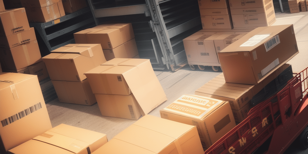 Stacks of cardboard boxes in various sizes are piled on shelves and carts in a bustling ecommerce warehouse. Sunlight streams in from the left, casting shadows on the floor. The boxes, essential for scaling operations, are marked with barcodes and labels.