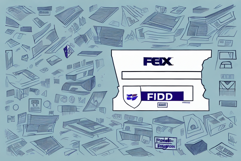 A large shipping label with the text FEX and FIDD in the center. The intricate border is formed by numerous sketches of packages and envelopes on a blue background, reminiscent of the busy interface of FedEx Ship Manager.