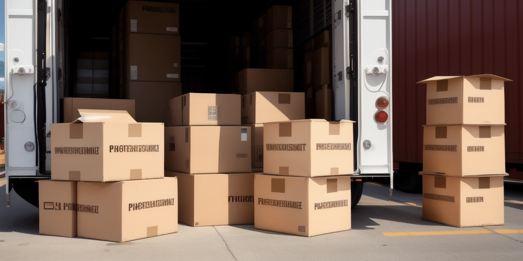 A group of cardboard boxes, seemingly part of a UPS Worldship delivery, is stacked and scattered in front of an open truck parked in a loading area, with a red container wall in the background.