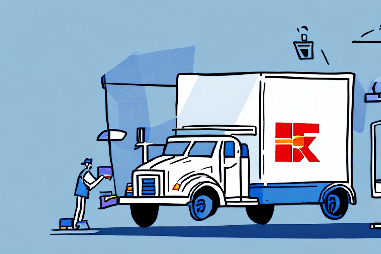 Illustration of a person painting a large truck with a red and orange logo on its side, reminiscent of the FedEx Ship Manager design. The person is holding a roller brush, adding finishing touches while another worker is nearby with additional paint supplies against a light blue background.