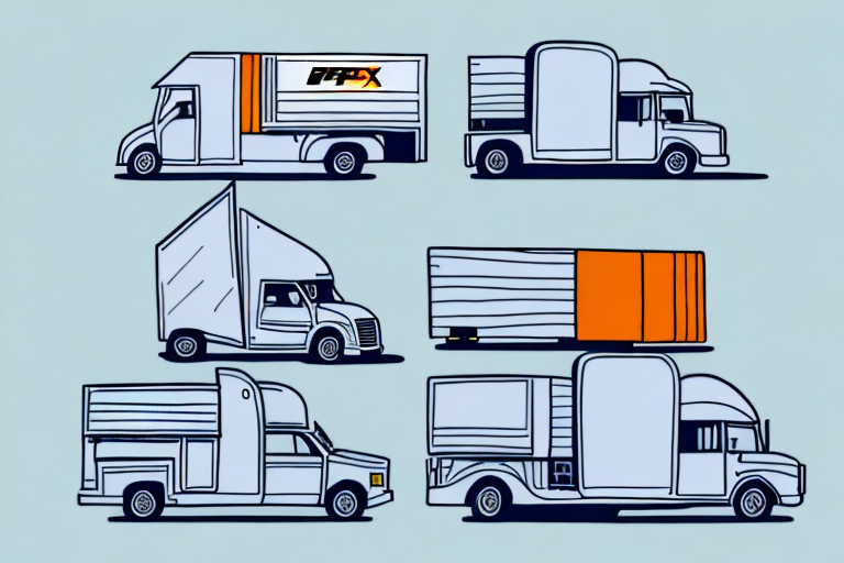 Illustration of six different delivery trucks, each uniquely designed to highlight differences in size and cargo compartments. Some feature orange accents, with one bearing the text PFX reminiscent of FedEx, all set against a light blue background.