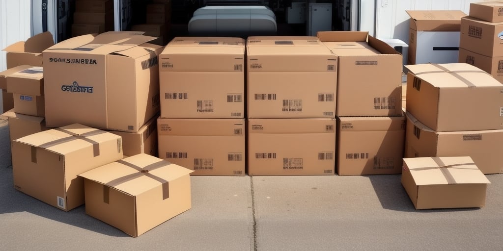 A stack of cardboard boxes of various sizes is arranged outside, likely for shipping or moving purposes. Some boxes are neatly stacked, while others are scattered around. The scene suggests a busy, organized environment, possibly managed using ShipStation for efficient handling.