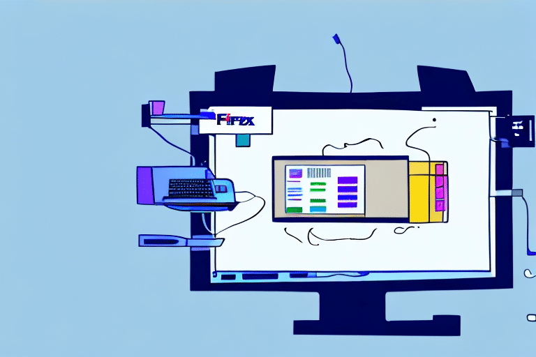 A digital illustration of a computer screen surrounded by various tech gadgets and cables. The screen displays colorful software interface elements, like those found in FedEx Ship Manager, while a keyboard and mouse are connected. Additional devices seem to float around the setup.
