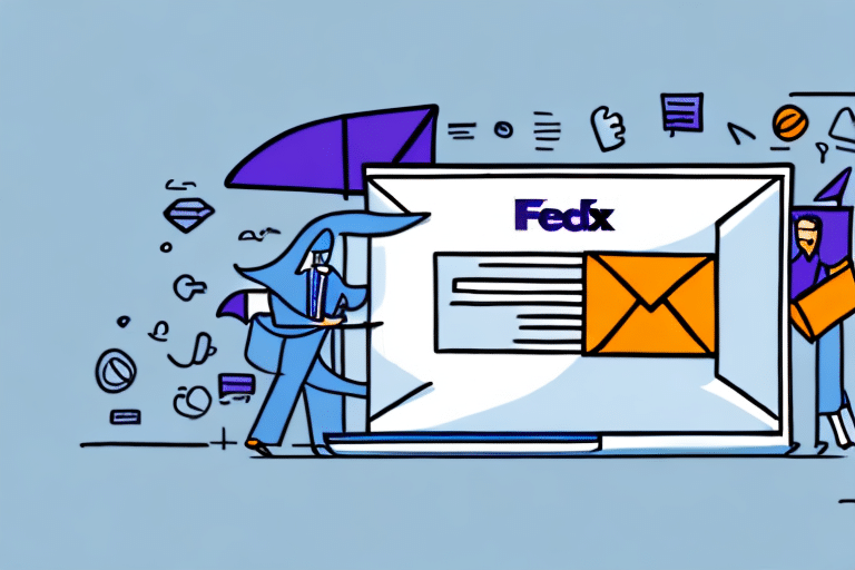 Illustration of two people handling a large envelope with a FedEx logo. One person holds an envelope, while the other stands by a screen displaying a smaller email icon, symbolizing the FedEx Online Ship Manager. Various symbols, like a heart and paper clip, float around them.