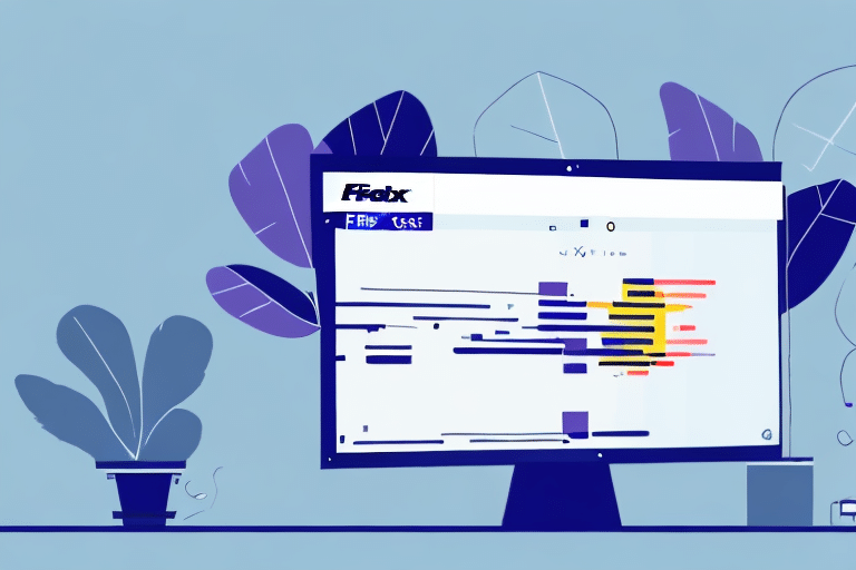 A digital illustration of a desktop computer displaying colorful bar graphs and data charts, labeled FedEx Ship Manager. The setup includes a small potted plant and abstract leaves in the background, adding a modern, minimalist touch.