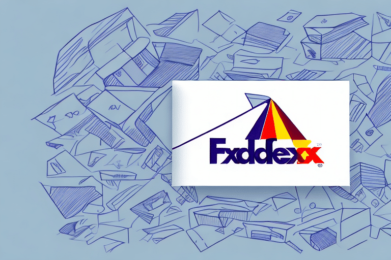 The image features a stylized depiction of numerous hand-drawn boxes and envelopes. In the center, there is a logo that resembles FedEx in blue and red with an arrow design, placed on a white rectangle, symbolizing FedEx Ship Managers seamless problem solving and printing labels service.