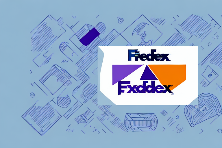 A FedEx logo is prominently displayed against a light blue background with abstract illustrations. The logo features the brand name in purple and orange with directional arrows, symbolizing the swift delivery of FedEx packages. Various geometric and sketched shapes surround the logo.