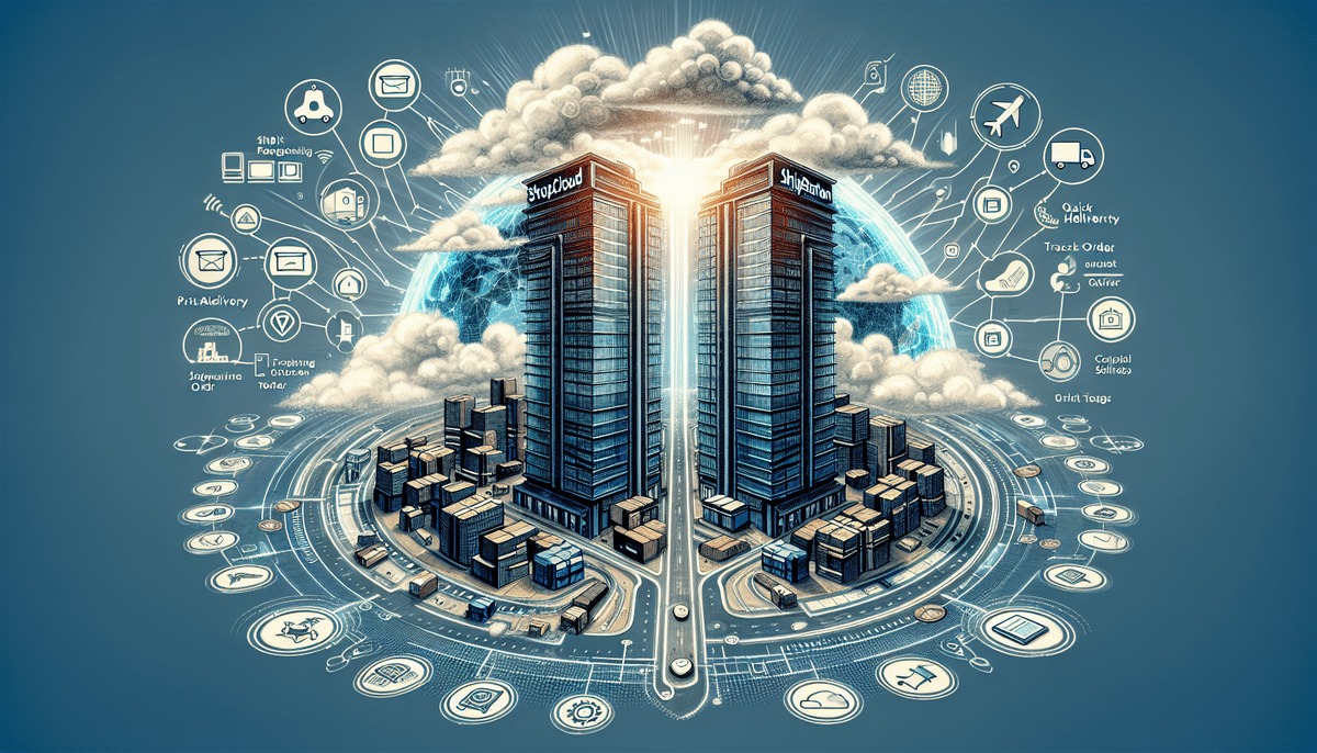 Futuristic illustration of two skyscrapers surrounded by icons representing various technologies and services. A glowing globe and cloud hover above, connecting the towers and icons, symbolizing digital connectivity and innovation in a smart city akin to platforms like Sendcloud or ShipStation.
