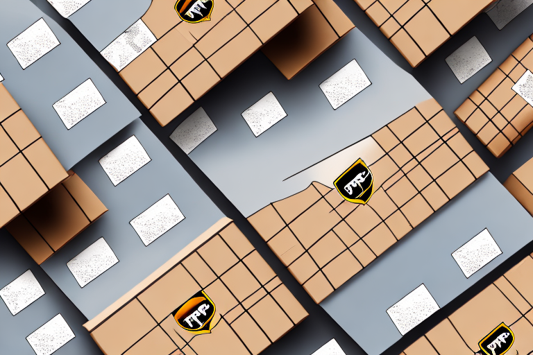 Illustration of a top view with multiple delivery boxes on conveyor belts showcasing shipping options like 3 Day Select and UPS Ground. The boxes, adorned with logos, vary in shape and size as the belts intersect at various angles, creating a dynamic pattern.