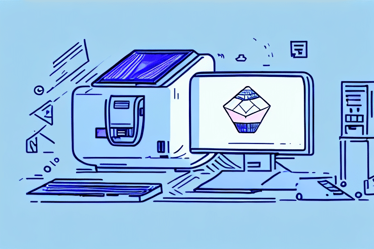 Illustration of a 3D printer next to a desktop computer displaying a diamond shape on its screen. Nearby, a Dymo Printer adds to the futuristic setup, surrounded by geometric shapes in shades of blue and purple, crafting a tech-inspired atmosphere.
