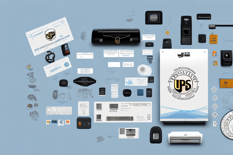 A collection of UPS-related items spread out on a blue background, including packaging materials, branded stickers, and labels. Various sizes and shapes are displayed, along with a label printer emphasizing the brands logo and shipping services.