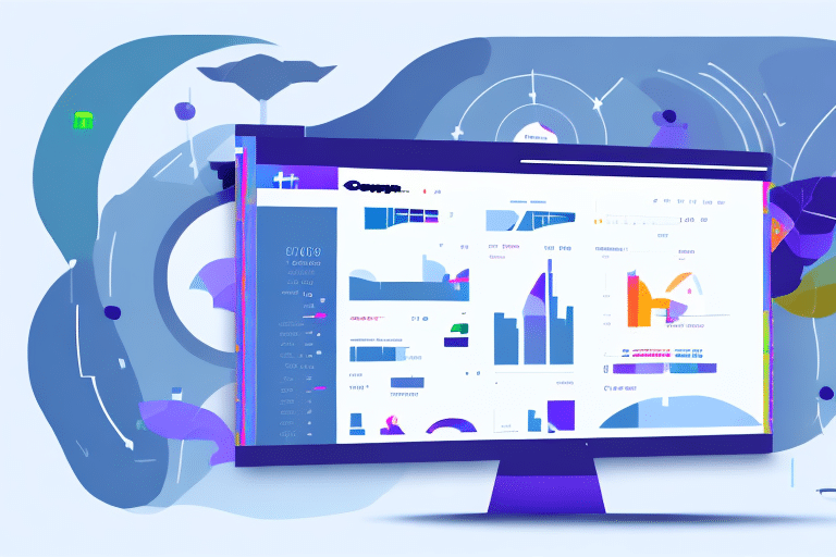 A computer monitor displays a colorful, abstract dashboard with various graphs and charts, ideal for creating daily reports. The background features stylized tech and nature-themed graphics, including shapes resembling a whale tail and leaves in shades of blue and purple.