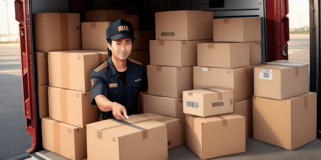 A delivery person in uniform stands in the back of a van, filled with neatly arranged cardboard boxes. With the UPS WorldShip system guiding their task, they organize packages efficiently, preparing for an end-of-day push as the van doors remain open.