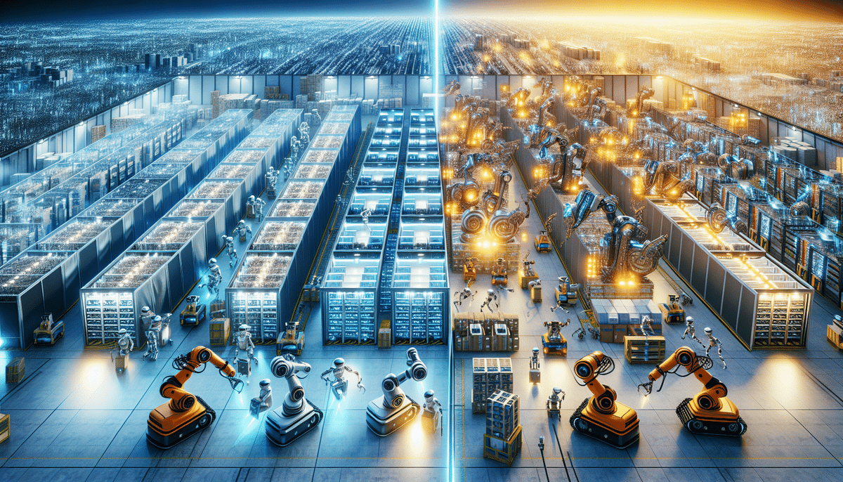 A futuristic warehouse showcases a comparison of cutting-edge technology: the left side, reminiscent of Geek+, features automated storage systems and drones under a cool, blue light; the right side, akin to AutoStore, has robotic arms assembling products under warm, orange lighting.