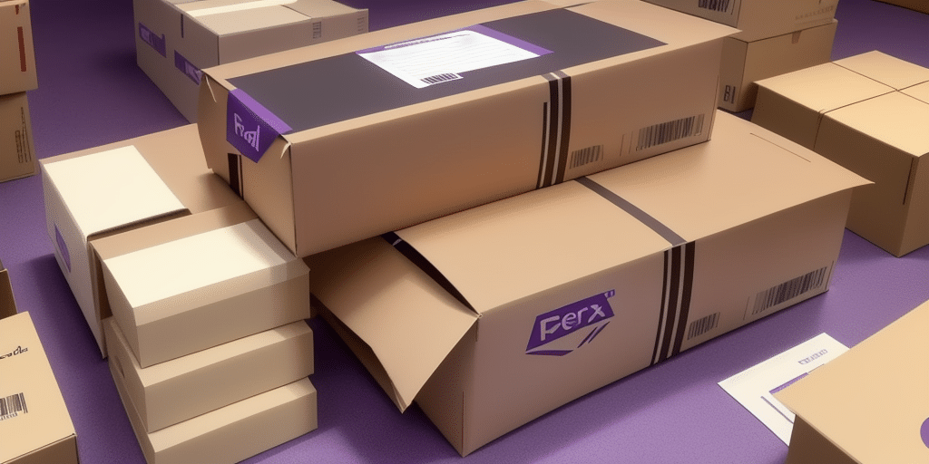 A pile of cardboard boxes sits on a purple floor. One large box is partially open, revealing folded paper inside. Boxes have various labels, including the brand name Ferx. Users can easily edit package dimensions using tools like FedEx Ship Manager for efficient organization.