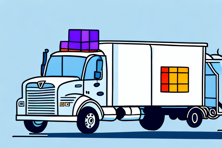 Illustration of a white FedEx semi-truck with colorful gift boxes on its roof, set against a light blue background. The truck features a window on its side painted in red, orange, and yellow squares, highlighting their efficient approach to bulk shipping rates.