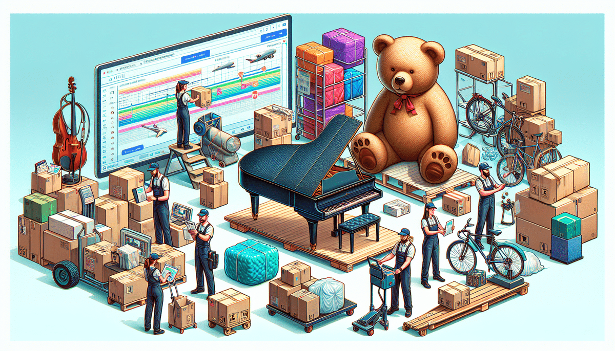 Workers manage various items of unusual shapes and sizes, including a grand piano, teddy bear, bicycle, and numerous boxes, with a computer displaying logistics software in the background to streamline the shipping process.