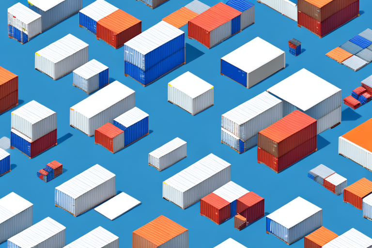Aerial view of numerous shipments arranged on a blue surface. The containers vary in size and are primarily white, red, and blue, creating a geometric pattern across the scene—an intricate puzzle to avoid any lost logistics.